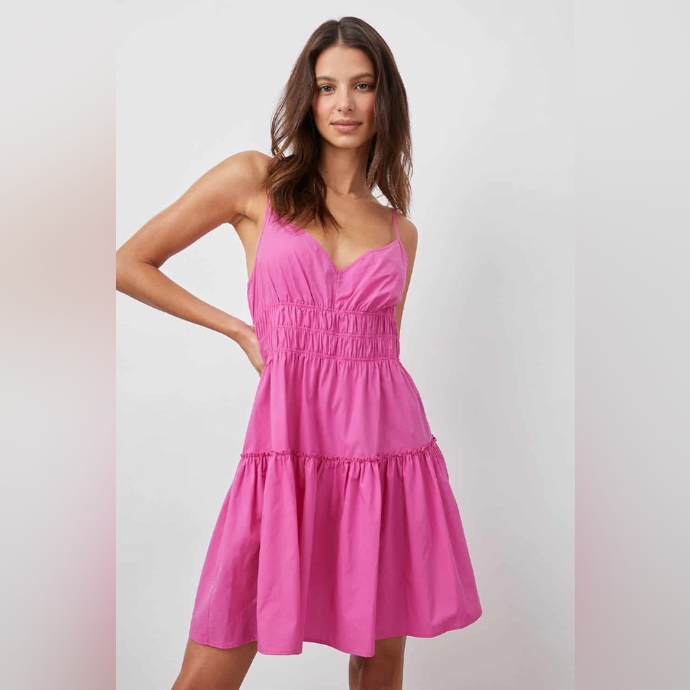Rails Carmen Azalea Hot Pink Smocked Back V-Neck Cotton Poplin Mini Dress XS